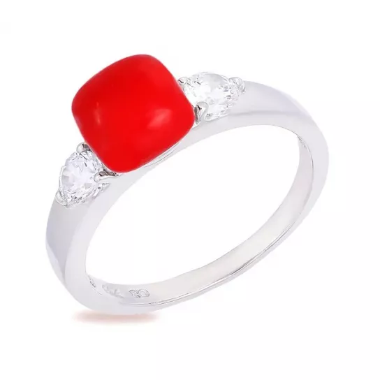 Кольцо с кораллом и фианитом из серебра