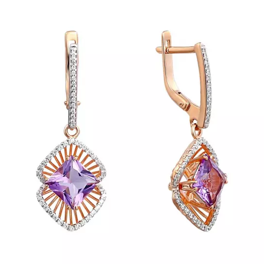 Серьги с фианитом и аметистом из золота